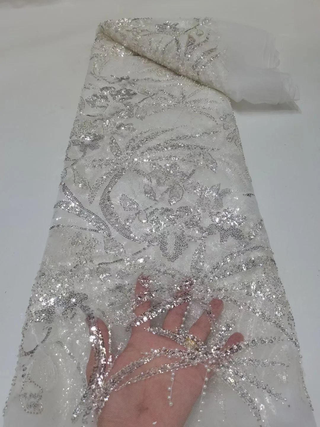 

Модные французские Роскошные тюлевые бусины 2022 чистого белого цвета ручной работы 5 ярдов блесток ткань для свадебного платья невесты выпускного вечера Шитье