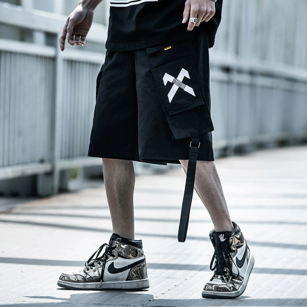 

Men Summer Techwear Tactical Embroidery Cargo Shorts Hip Hop Streetwear Detachable Ribbons Casual Short Outdoor Joggers Shorts