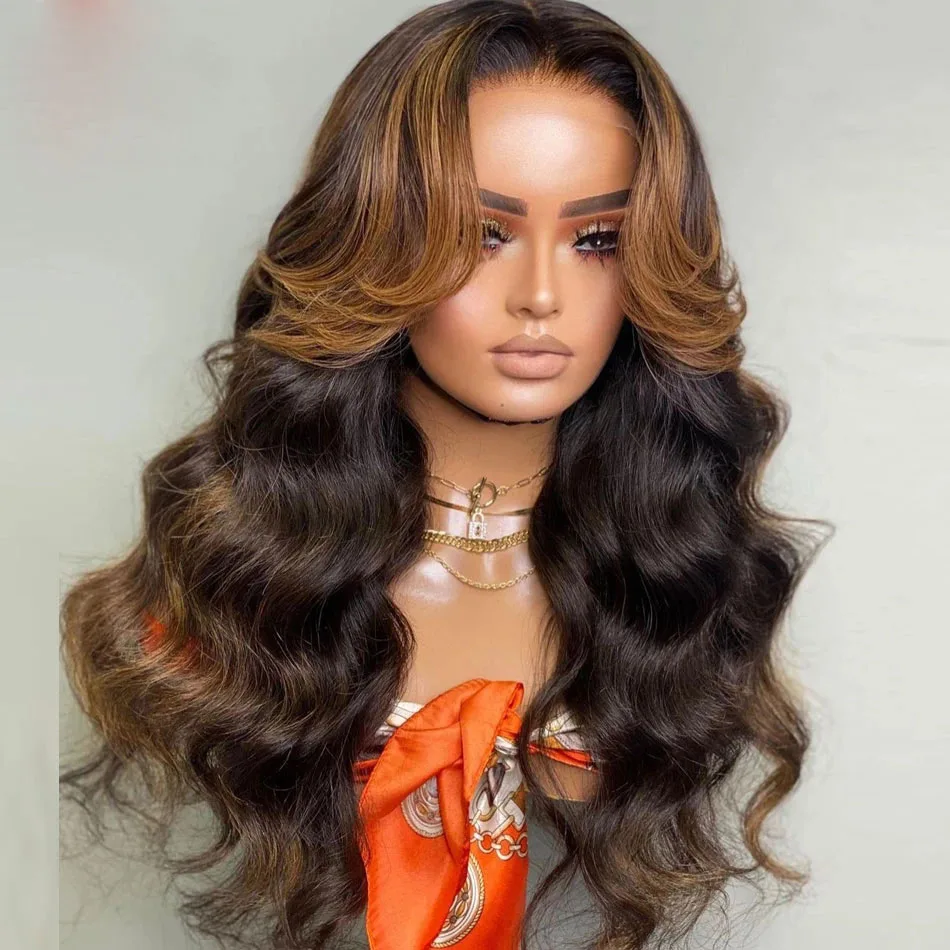 

Highlights Chocolate Brown Wavy Transparent 13x6 Lace Front Human Hair Wigs Ombre Full HD Lace 360 Frontal Wig With Baby Hair
