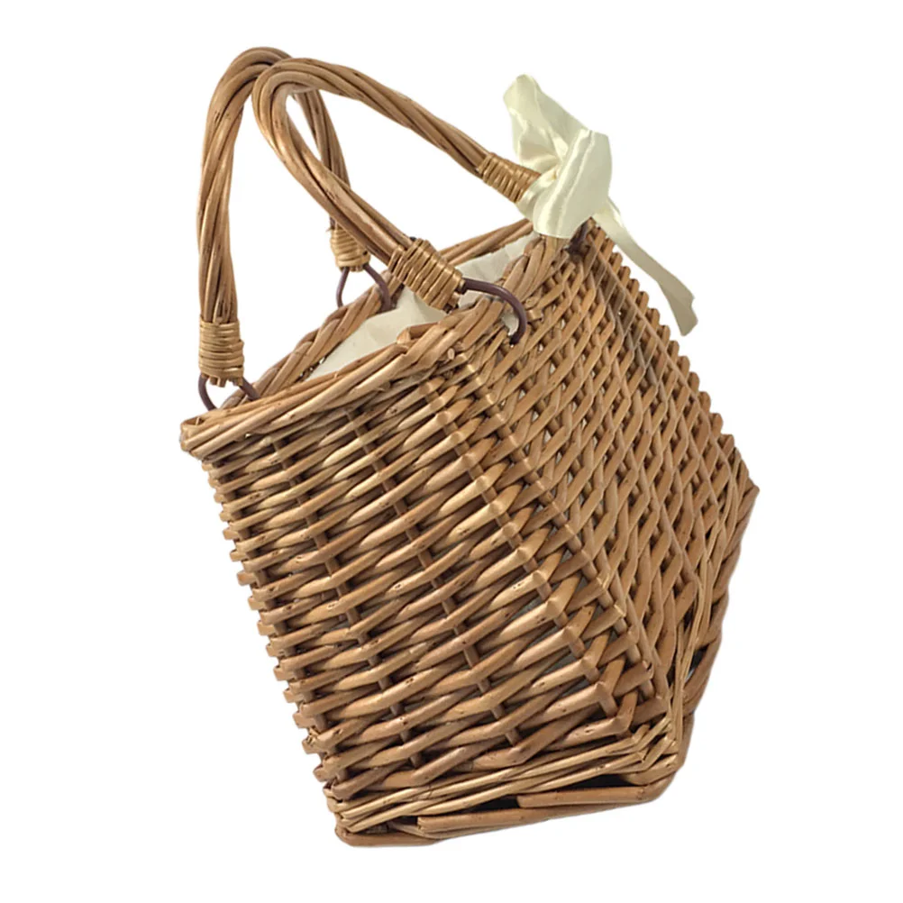 

Woven Handbags Women Flower Basket Decorative 23X13X16CM Hand-woven Holder Purse Portable Light Brown Wicker Outdoor Women's