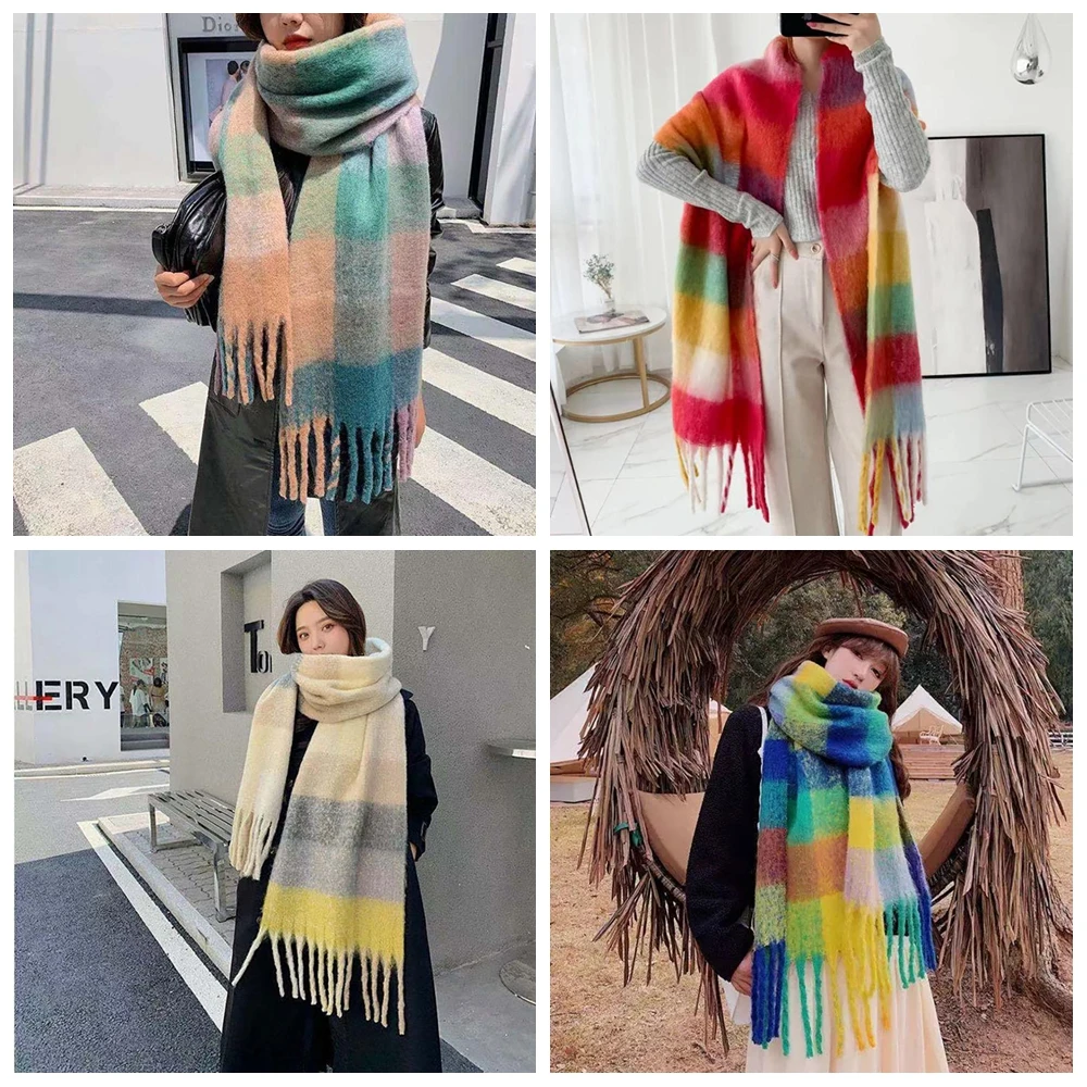 

Women Winter Warm Colorful Plaid Scarfs Girls Outdoor Thicken Cape Wraps Female Bandana Pashmina Long Tassel Foulard Blanket