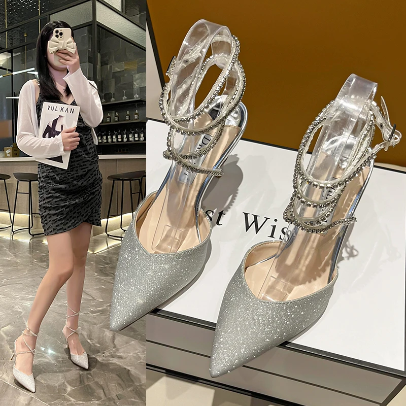 

Rhinestone Chain High Heels 2022 Summer New Pointed Toe Stiletto Fairy Wind Shallow Mouth Single Shoes Cross Winding Sandals