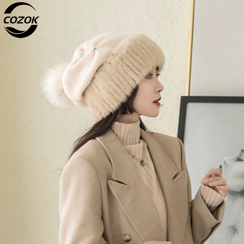

2023 New Winter Mink Fur Knitted Wool Hats For Women Winter Thick Warm Slouchy Beanies Female Caps With Fox Fur Pom Pom