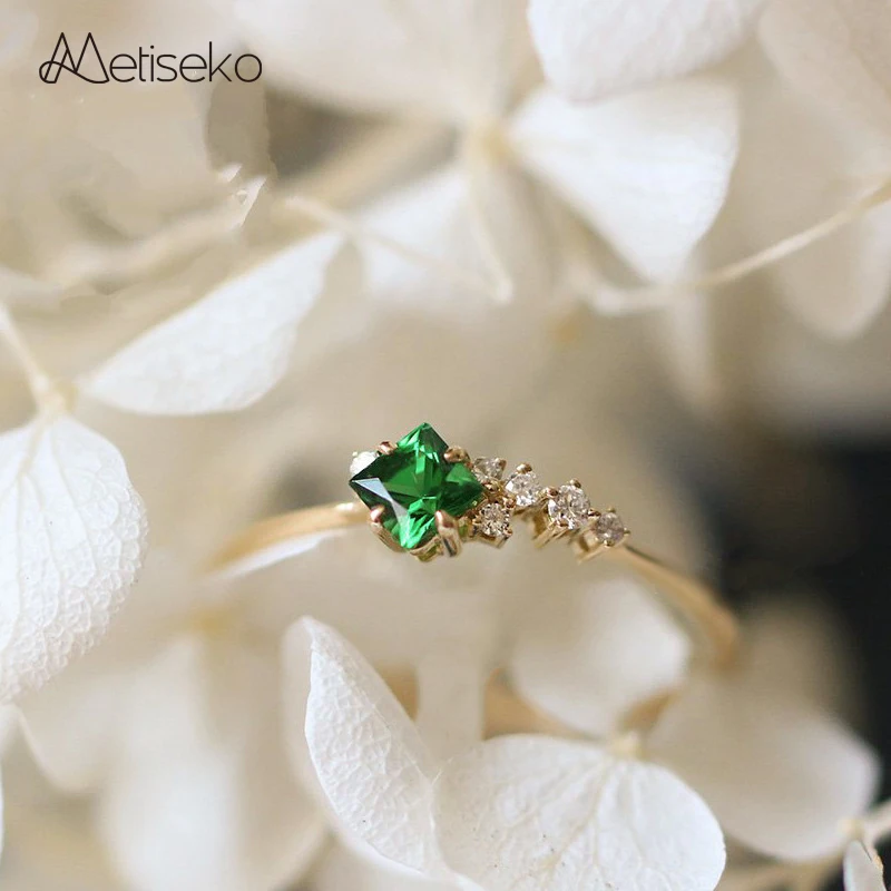 

Metiseko Real 925 Sterling Silver Emerald Color Cubic Zirconia Ring 14K Yellow Gold Plated Open Adjustable Size for Women Party