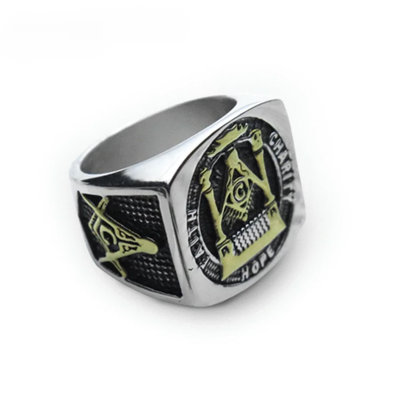 

European and American Retro Hip Hop Personalized Titanium Steel Square Masonic Ring Men's Domineering Little Finger Ring