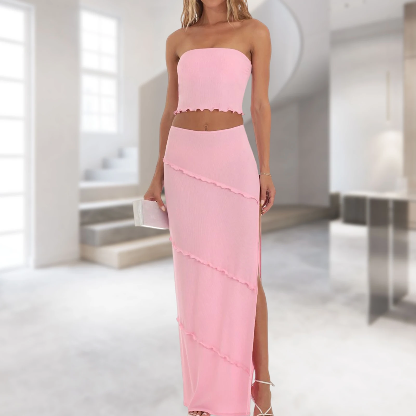 

Slim Fit Women Summer 2 Piece Outfits Ladies Strapless Top Long Skirt Solid Color Stringy Selvedge Sexy Style Daily Outfit