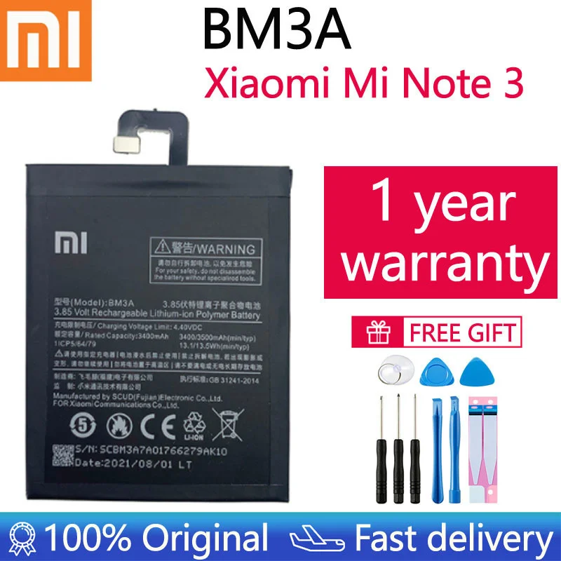 

Оригинальный аккумулятор Xiao Mi BM3A для Xiaomi Note 3, сменный аккумулятор 3300 мАч, батареи для телефона большой емкости + Инструменты