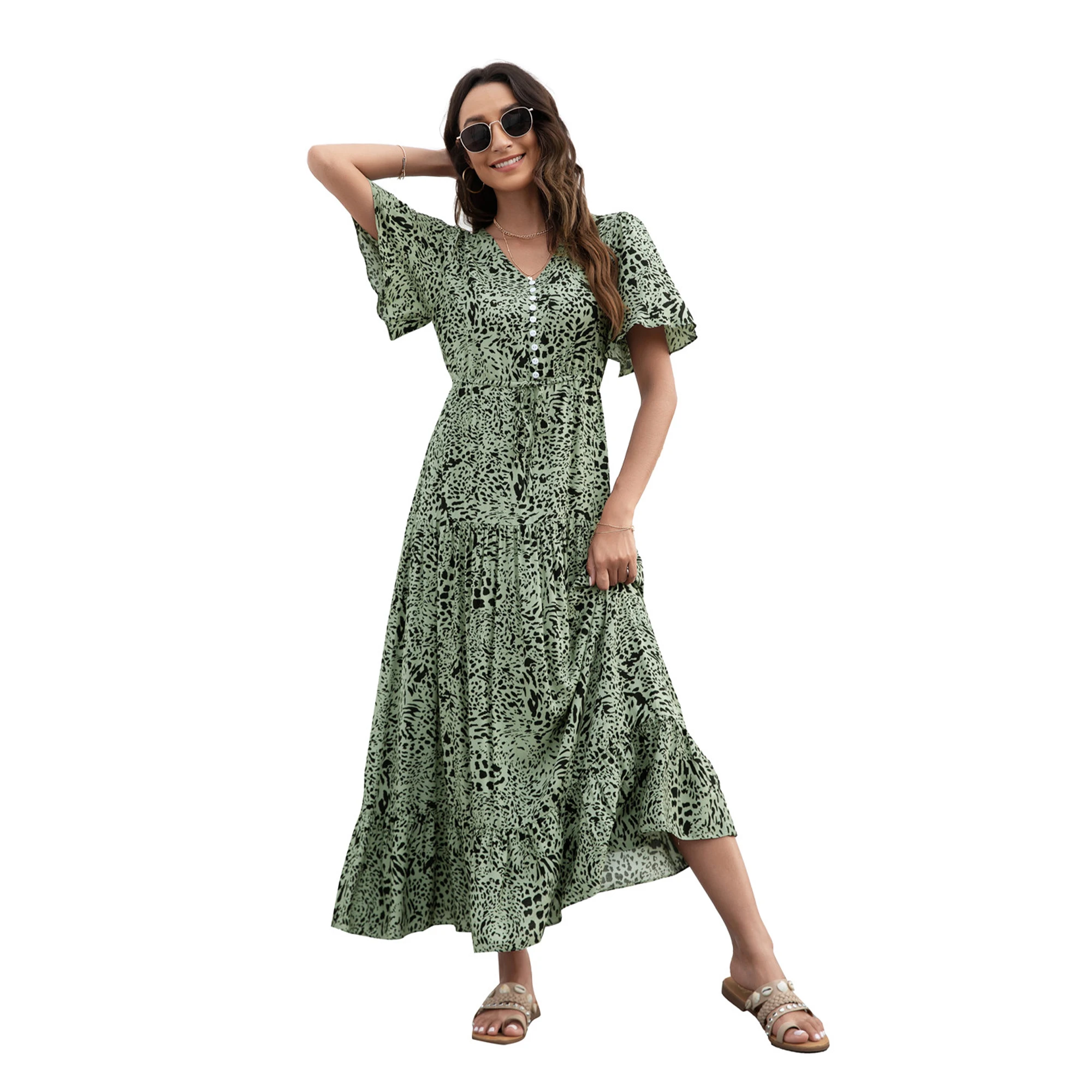 

2022 Summer Elegant Boho Floral Print Dress Women V Neck Button Fashion Beach Ruffles Bohemian long dress