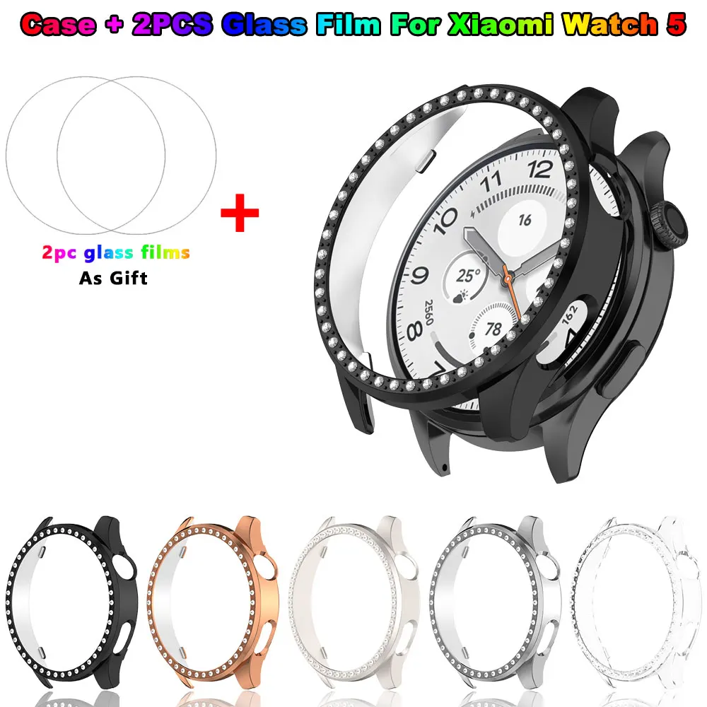 Фото Блестящий чехол для ПК + защитная пленка для Xiaomi Watch 5, бампер-протектор с алмазным покрытием, защитная рамка-накладка для Xiaomi Watch5, умные аксессуары №1