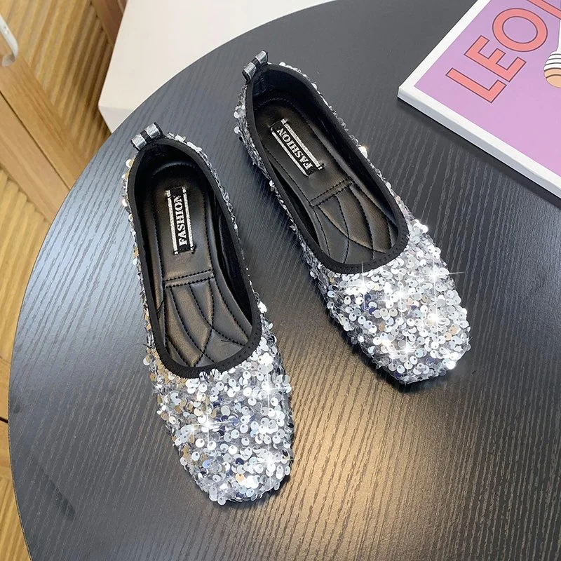 

Sequined Bling Golden Black Flats Shoes Ballet Women's Loafers Round Toe Party Office Lady Slip on Work Driving Footwear Spring