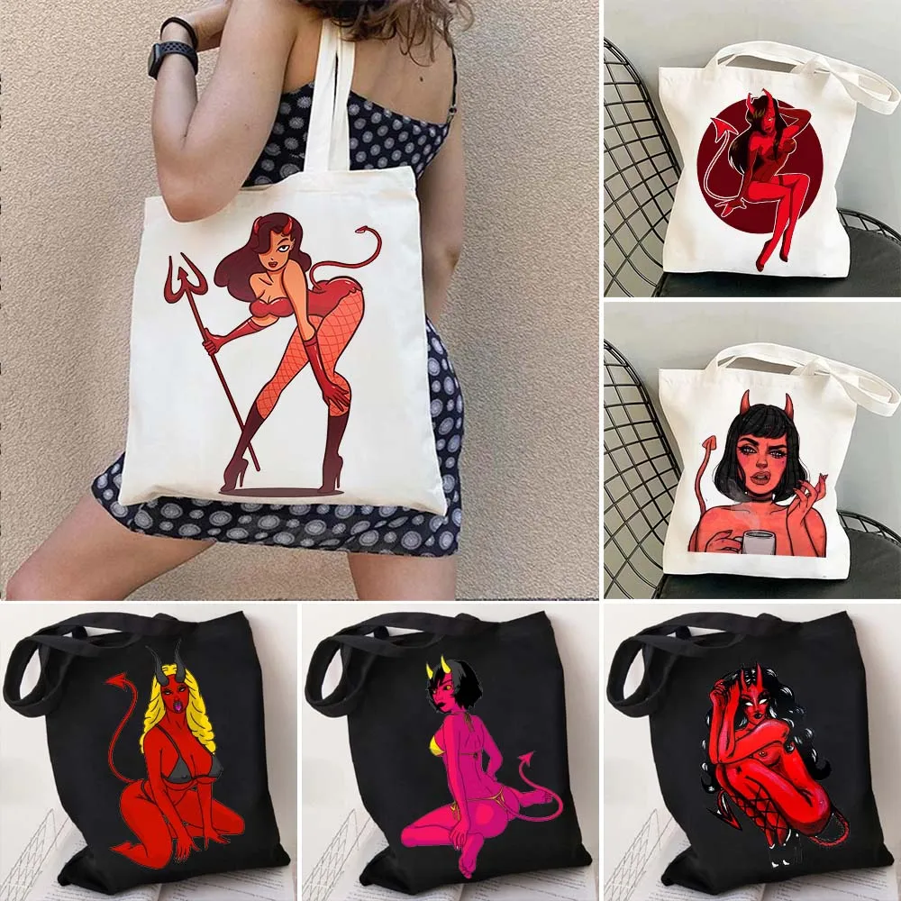 

Devil Angel Wings Sexy Woman Girl Demon Female Dark Art Canvas Shopper Cotton Totes Beach Bags Shopping Luxury Shoulder Handbags