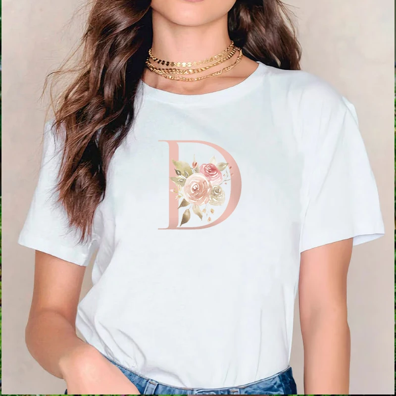 

English Alphabet Flower Print Tshirt Harajuku Casual Tops T Shirt Women Sweet Summer New Female T-Shirt Aesthetic M