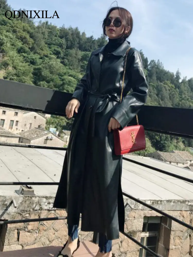 Super Handsome PU Woman Trench Coat Spring and Autumn New In Outerwears Korean Leather Jacket Over-the-knee Long Coat Women