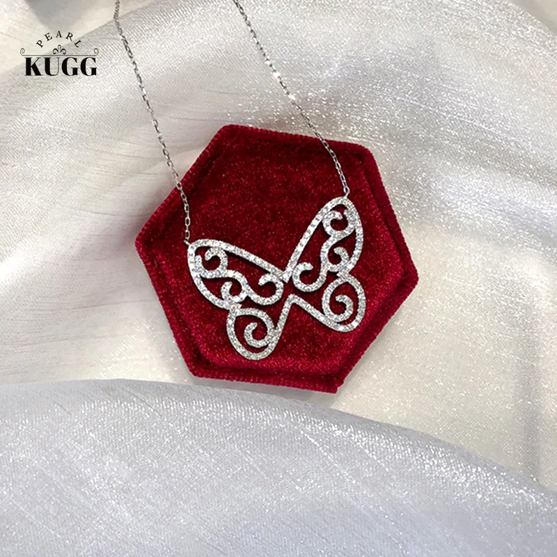 

KUGG 18K White Gold Necklace Real Natural Diamonds 1.18carat Chain Luxury Butterfly Shape Engagement Jewelry for Women Wedding