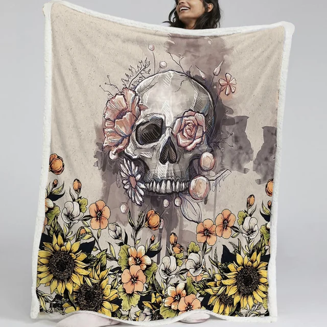 BlessLiving Skull Sunflower Pattern Sherpa Fleece Blanket Colorful Gothic Skull Flower Blanket For Bedroom Livingroom Sofa Decor 3