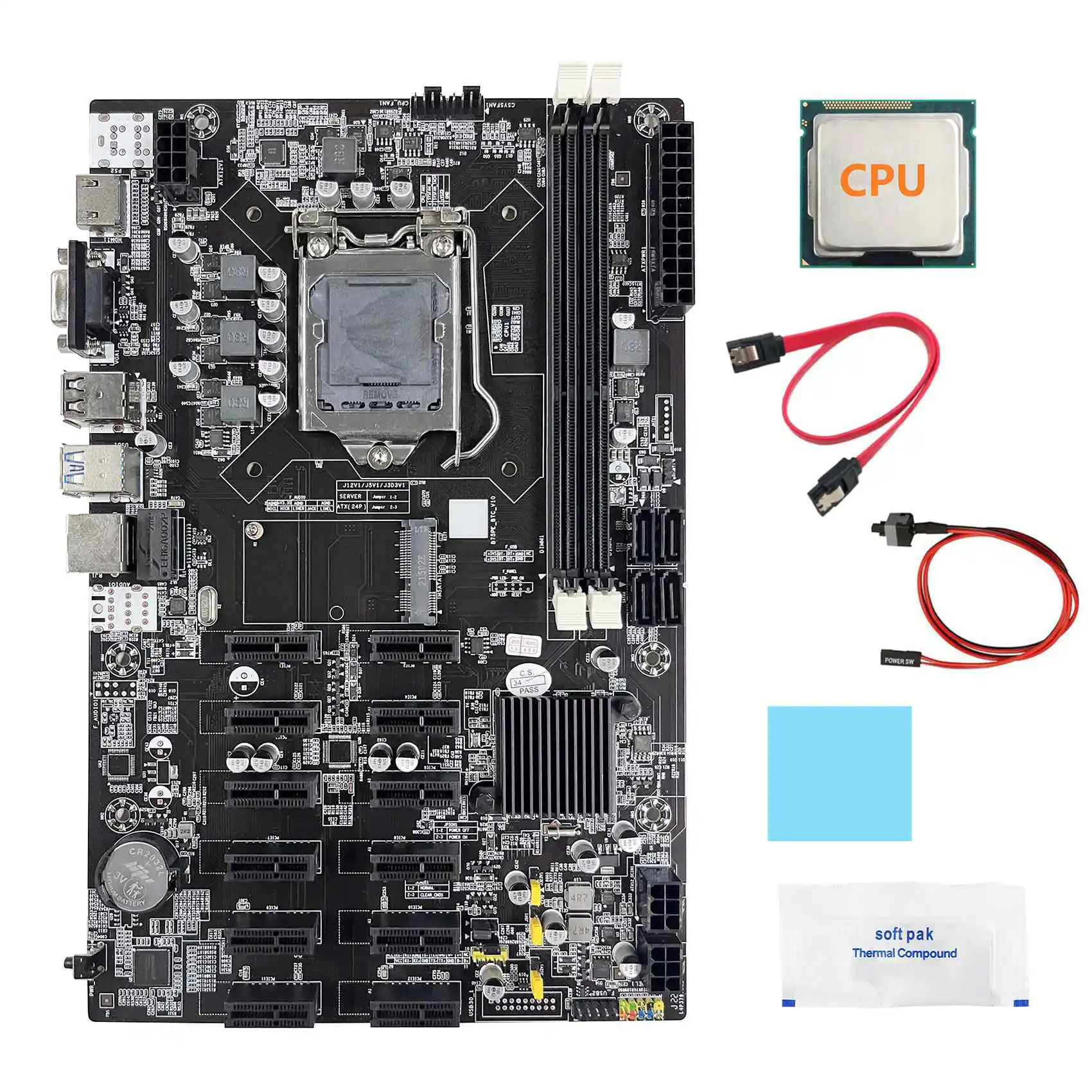 B75 12 PCIE BTC Mining Motherboard+Random CPU+SATA Cable+Switch Cable+Thermal Grease+Thermal Pad ETH Miner Motherboard