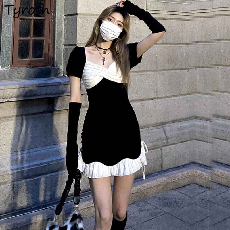 

Dresses Women Patchwork Design New Mini Sexy Slim High Waist Puff Sleeve Ulzzang Ladies Streetwear Simple All-match Summer Chic
