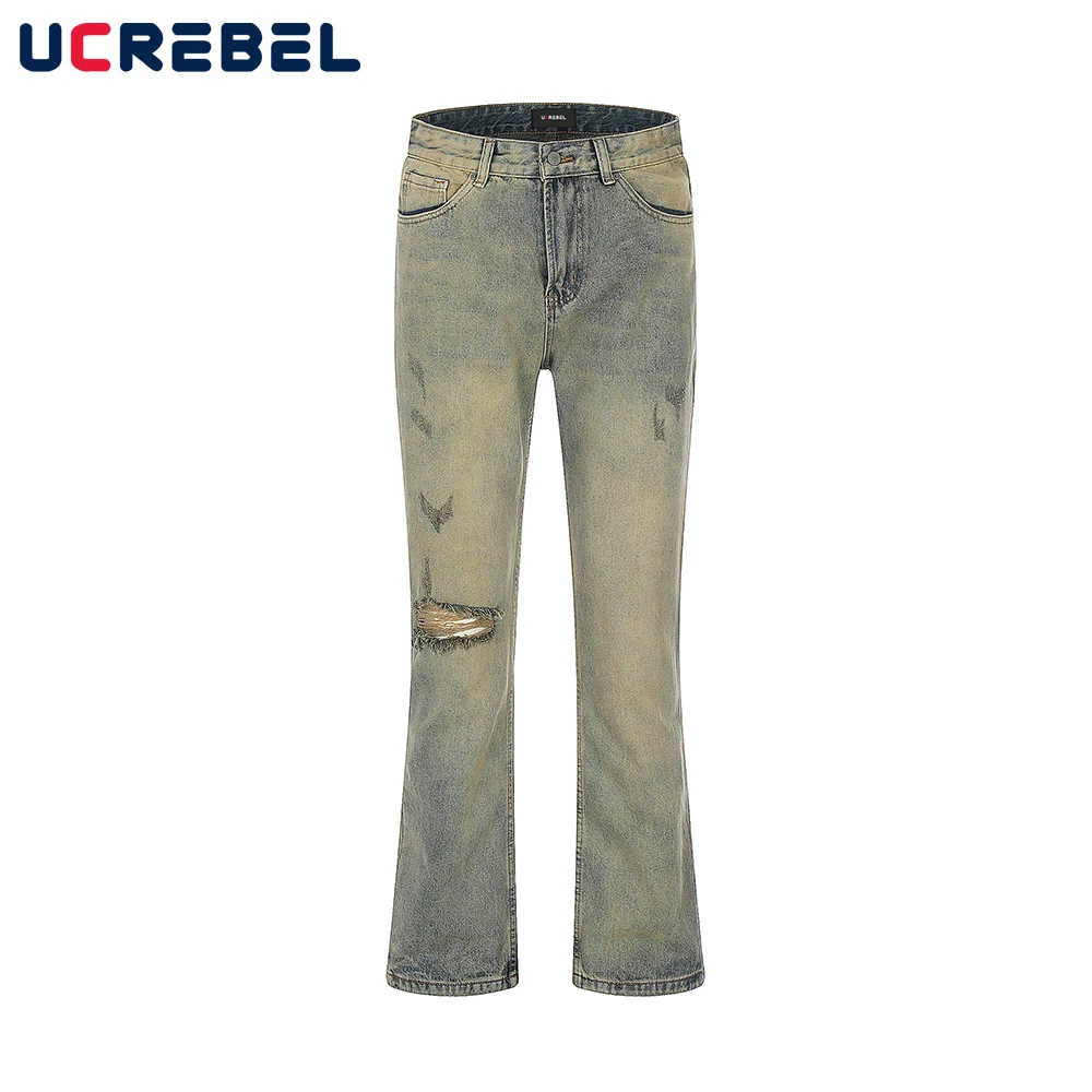 

Washed Mud Yellow Denim Pants Mens Streetwear Ripped Casual Retro Straight-leg Jeans