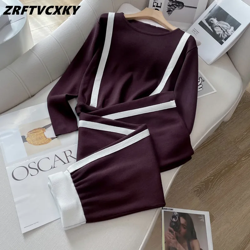 

Женский трикотажный костюм-двойка, элегантный пуловер с круглым вырезом и брюки контрастных цветов