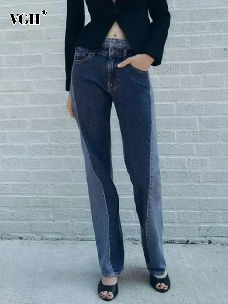

VGH Casual Hit Color Spliced Button Denim Pants For Women High Waist Patchwork Pockets Slim Straight Pant Female Clothing New