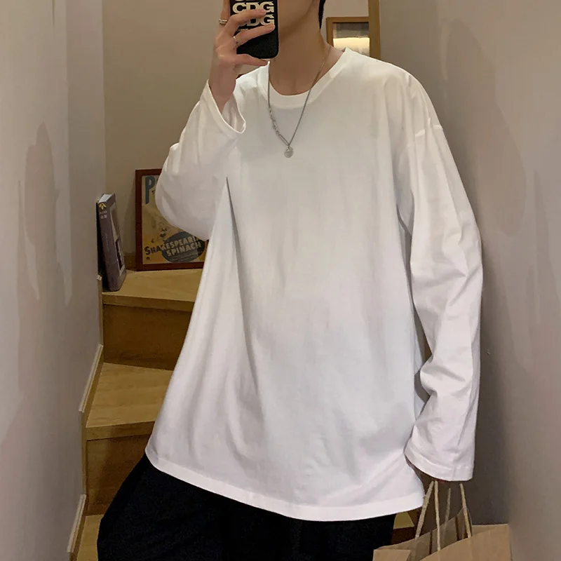 

Однотонная хлопковая футболка с длинным рукавом, Мужская свободная парная рубашка, Топ