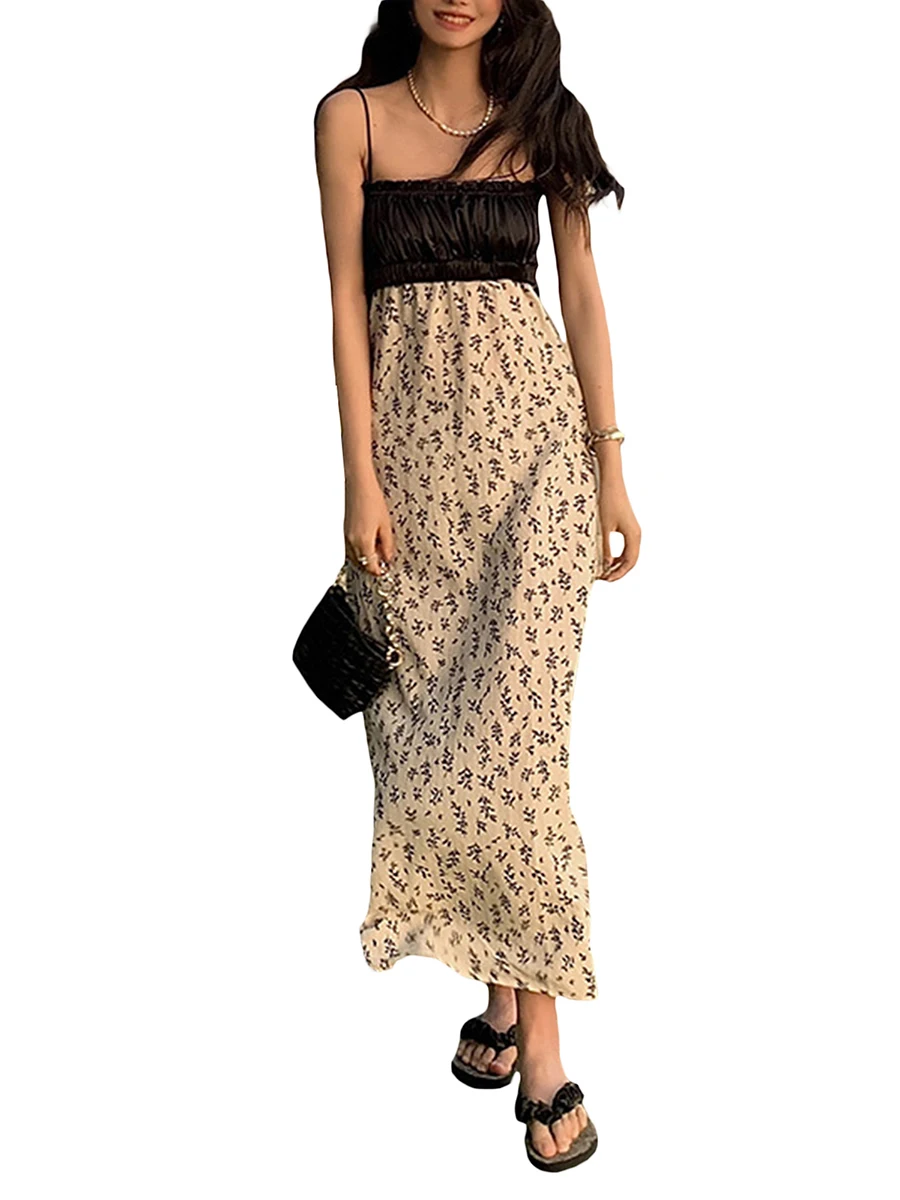

Kimydreama Women Summer Casual Sleeveless Satin Dress Spaghetti Strap Bow Backless Floral Print Beach Party Dress