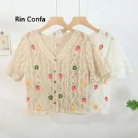 rin confa thin v neck short sleeved shirt summer retro strawberry embroider hollow out top women short flower embroidery top