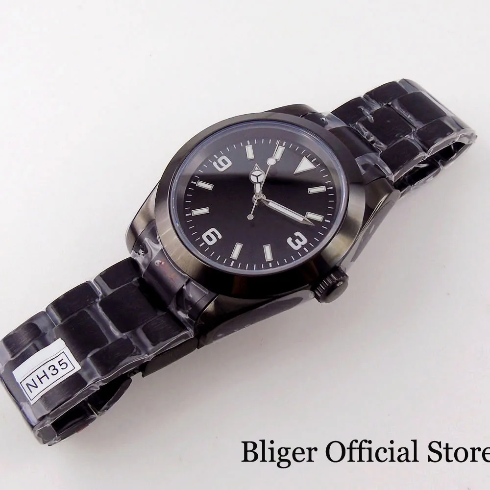 BLIGER 36mm 39mm Black PVD Case Men Watch NH35A MIYOTA 8215 PT5000 Movement Flat Sapphire Crystal Green Luminous Hand - купить по