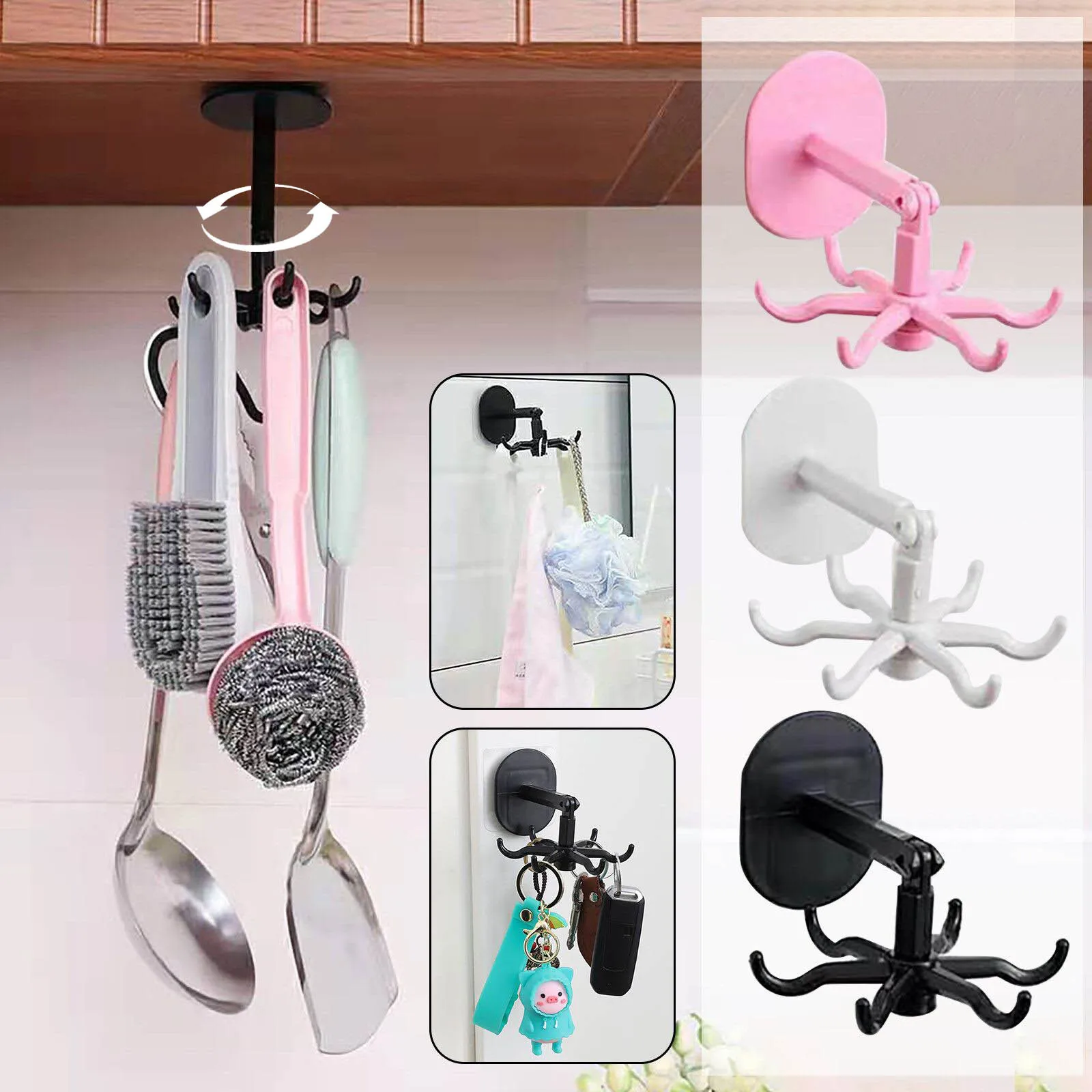 

Bath Hook Wall Mounted 360° Rotating Coat Hanger Self Adhesive Kitchen Holder Firm Hang Storage Gadgets Tools Bath Hook Wall