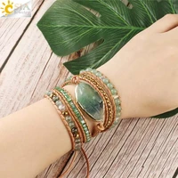 csja natural stone bracelets green fluorite crystal aventurine bead leather wrap bracelet multilayer boho jewelry pulseira g118