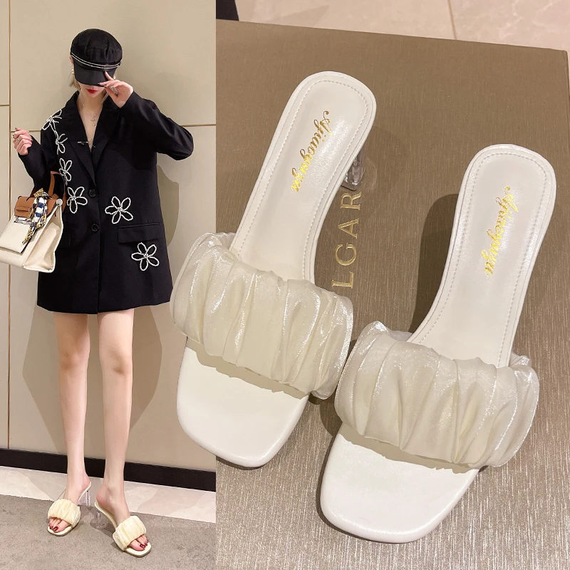 

Slippers Women Summer Square Toe Glitter Slides Sliders Shoes Med Jelly Soft Scandals PU Rubber Rome Pleated Hoof Heels Slippers