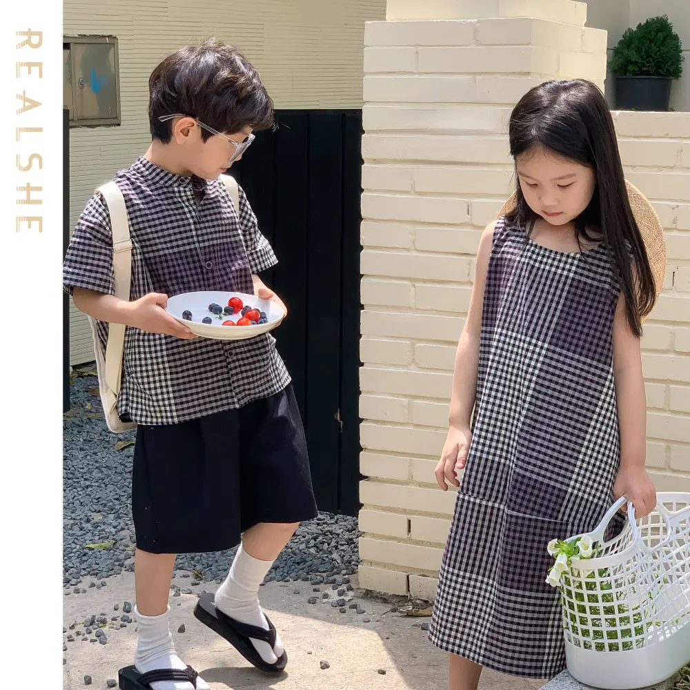 

Children's Clothing Summer Boys Short Sleeve Plaid Baby Tops + Solid Baby Shorts 2Pcs Set Girls Sleeveless Dress Suits