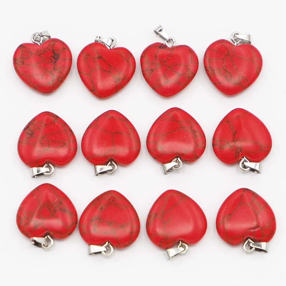 

High Quality Natural Red Turquoise Heart Pendants Necklace Lucky Minerals Healing Charms DIY Jewelry Accessories Wholesale 24Pcs