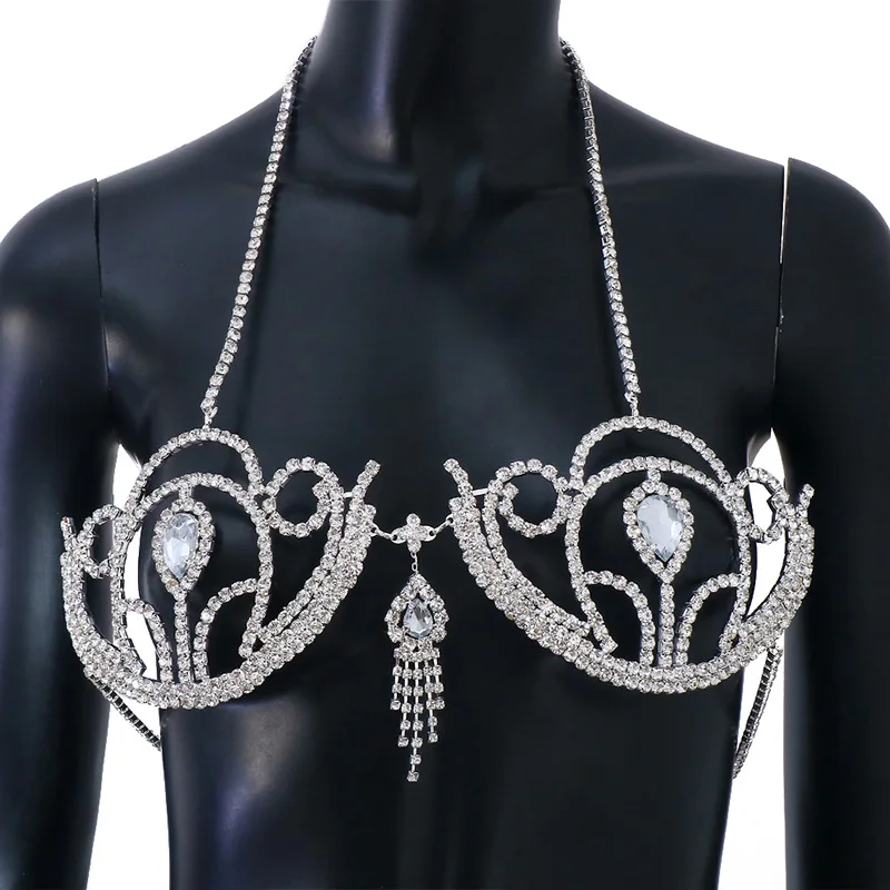

Stonefans White Crystal Bralette Chain Top For Women Water Drop Pendant Tassel Chest Chains Hollow Geometric Sexy Underwear Rave