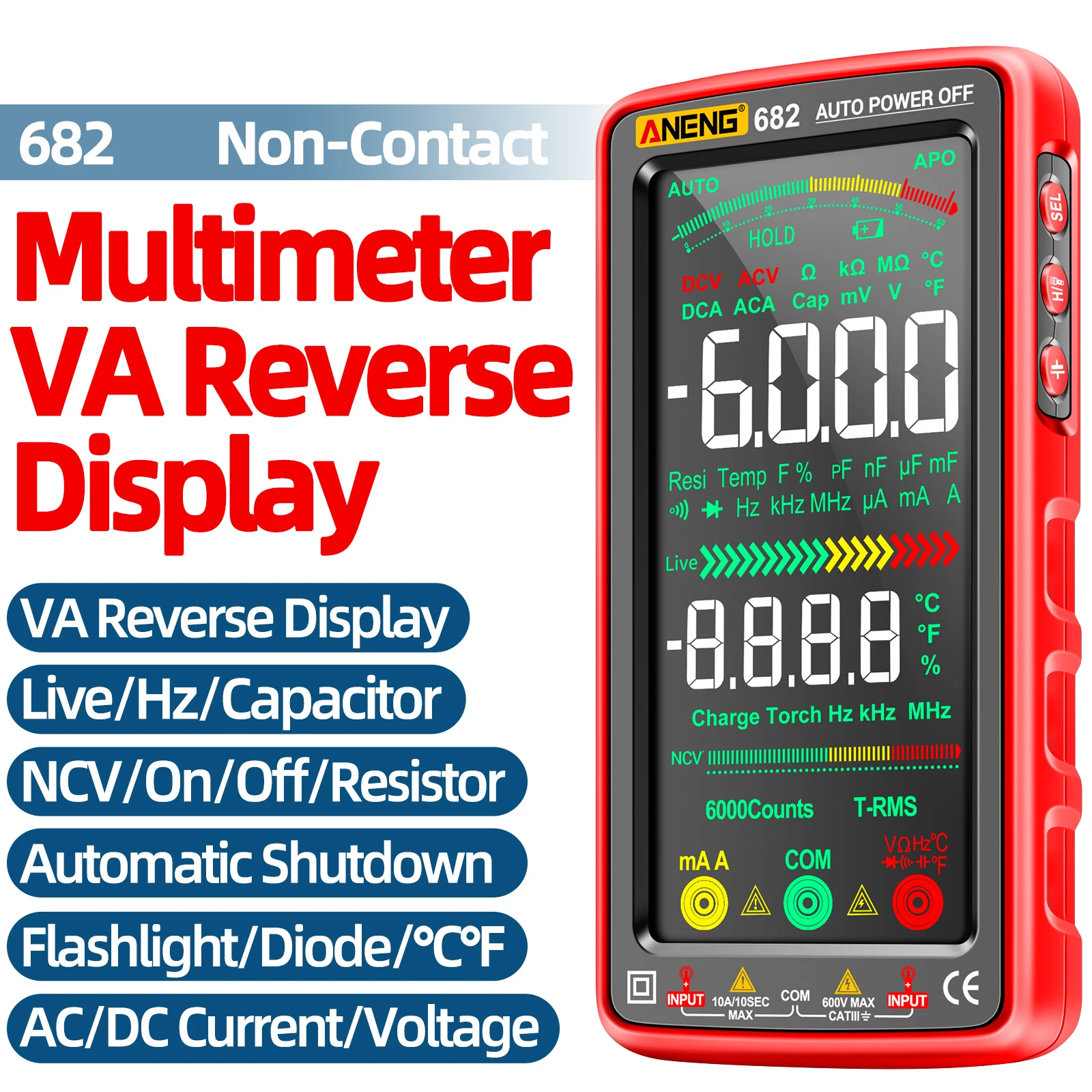 

Aneng 682 6000 Counts Digital Multimeter Smart Anti-burn Rechargeable Voltage Current Meter VA Reverse Screen NCV Tester