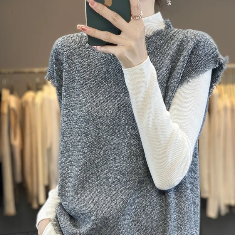 Классический шерстяной жилет с кисточками по краям женский вязаный новый