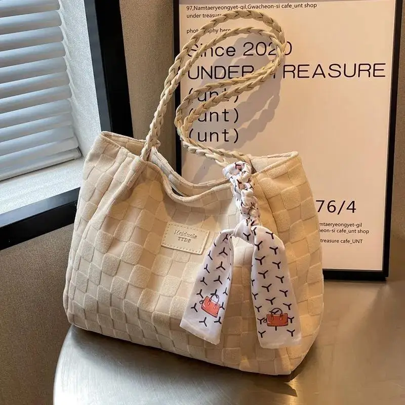 2023 New High Capacity Tote Bag Commuter Cute Women's Bag Premium Canvas Bag Casual Plaid Square Solid Color Shoulder Bag