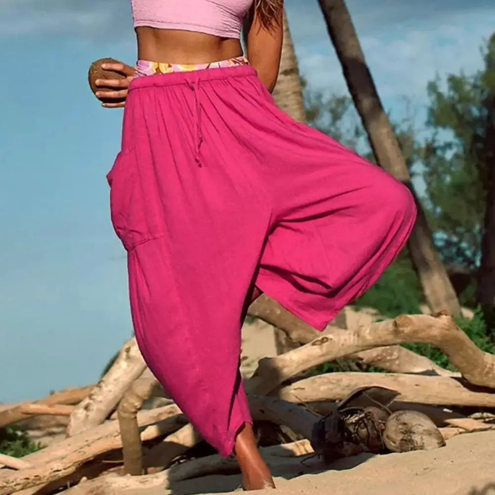 

Women Pants Wide Leg Pleated Loose Deep Crotch Solid Color Elastic Waist Drawstring Soft Casual Ankle Length Long Trousers