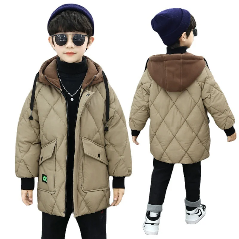 

Winter Down Jacket Letter Print Kid Boys Plus Velvet Hooded Cotton Coat Children Clothes Cotton-Padded Parka Snowsuit 3-14 Years