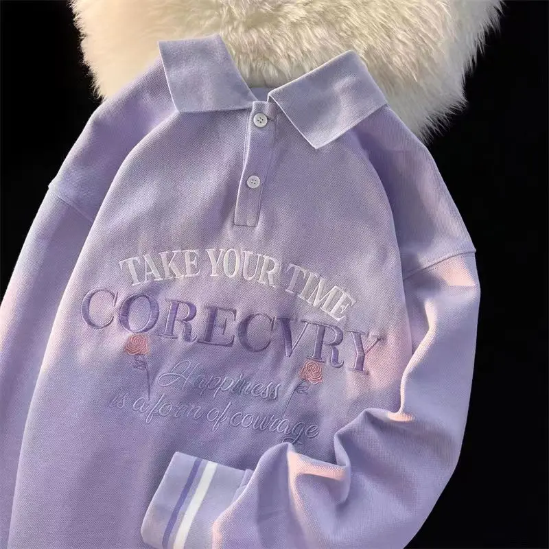 

Пурпурная Осенняя толстовка с вышивкой и воротником-поло в японском стиле преппи, Свободные повседневные толстовки, женская рубашка-поло н...