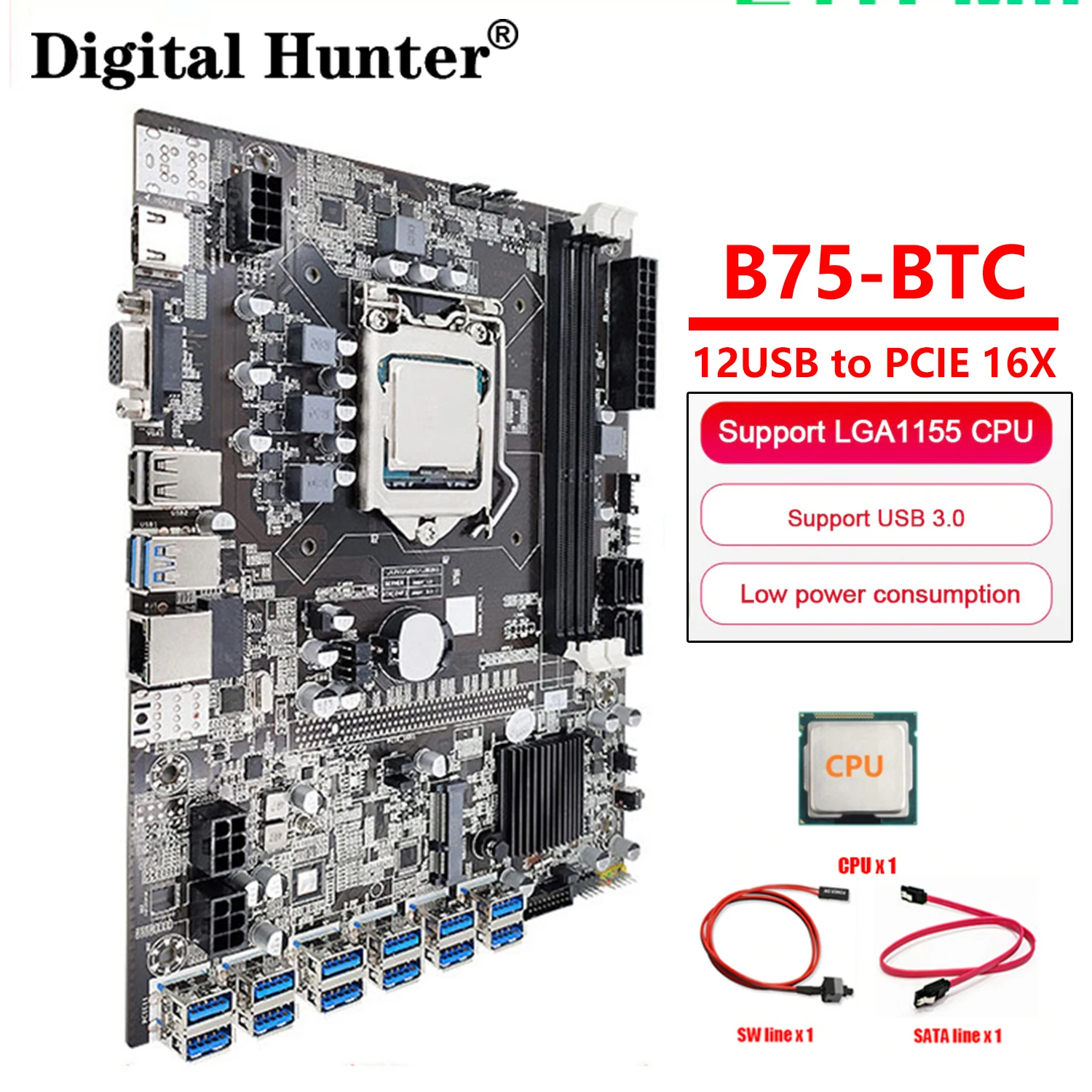 

B75 ETH Mining Motherboard LGA1155 12XPCIE USB Adapter DDR3 MSATA With CPU Switch SATA Cable BTC Miner Motherboard kit