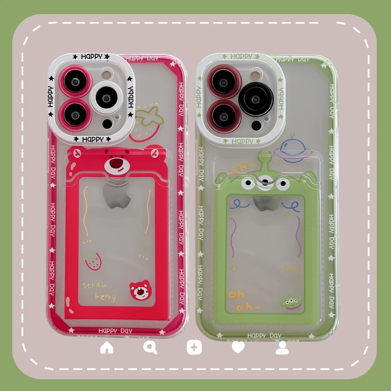 

Bandai Funny Alien and Strawberry Bear Card Bag Phone Case for iPhone 13 12 11 Pro Max Xs Xr X XsMax 8 7 Plus High Quality Cover