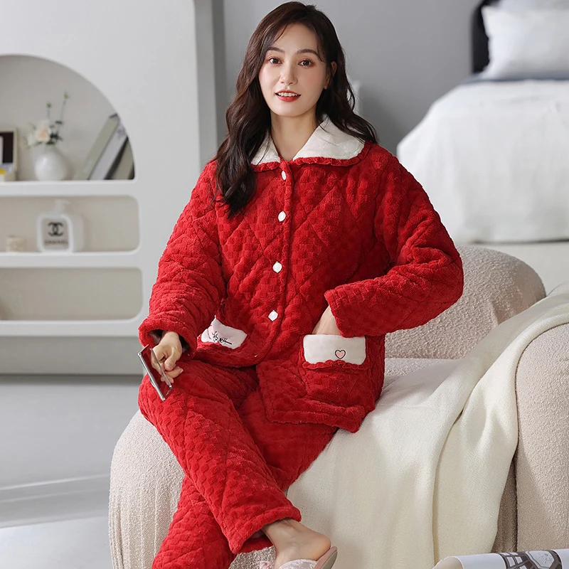 Newest Winter Thick Warm Women Three Layer Cotton Sleepwear Suits Long Sleeve Turn-down Collar Comfortable Soft Female Pajamas