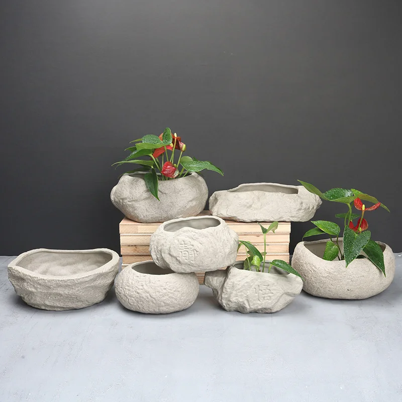 

Creative Ceramic Non-porous Pot Copper Money Grass Hydroponic Flower Pots Imitation Stone Water Bowl Lotus Water Lily Bonsai