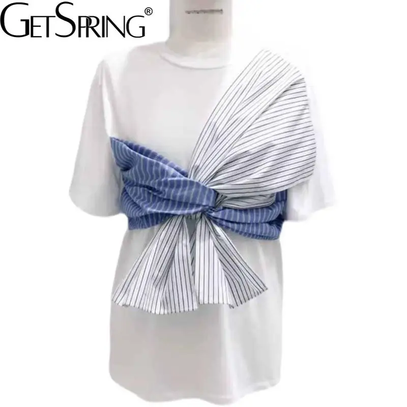 

GetSpring Women T Shirt Short Sleeves Straped Patchwotk Ladies Tshirt 2022 Spring Summer Casual Female Tops Fashion Loose Tee