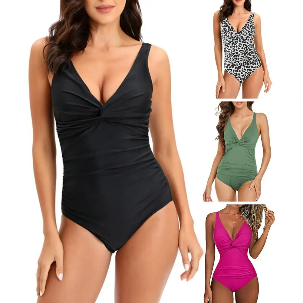 

Women Beach Monokini Deep V Neck Low-cut Solid Color Sleeveless Padded Swimming No Wire Pleated Lady Bathing Suit купальник 2022