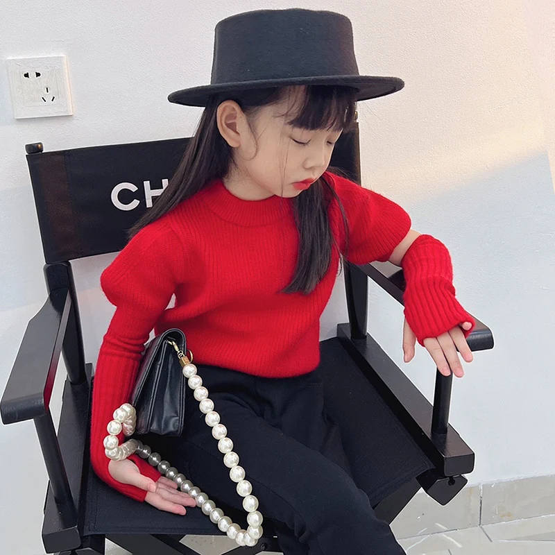 

Spring Autumn Girls Sweater Baby Knitwear Kids Tops Toddler Sweater Children Fashion Clothes Short Sleeve With Glove 5-14Y