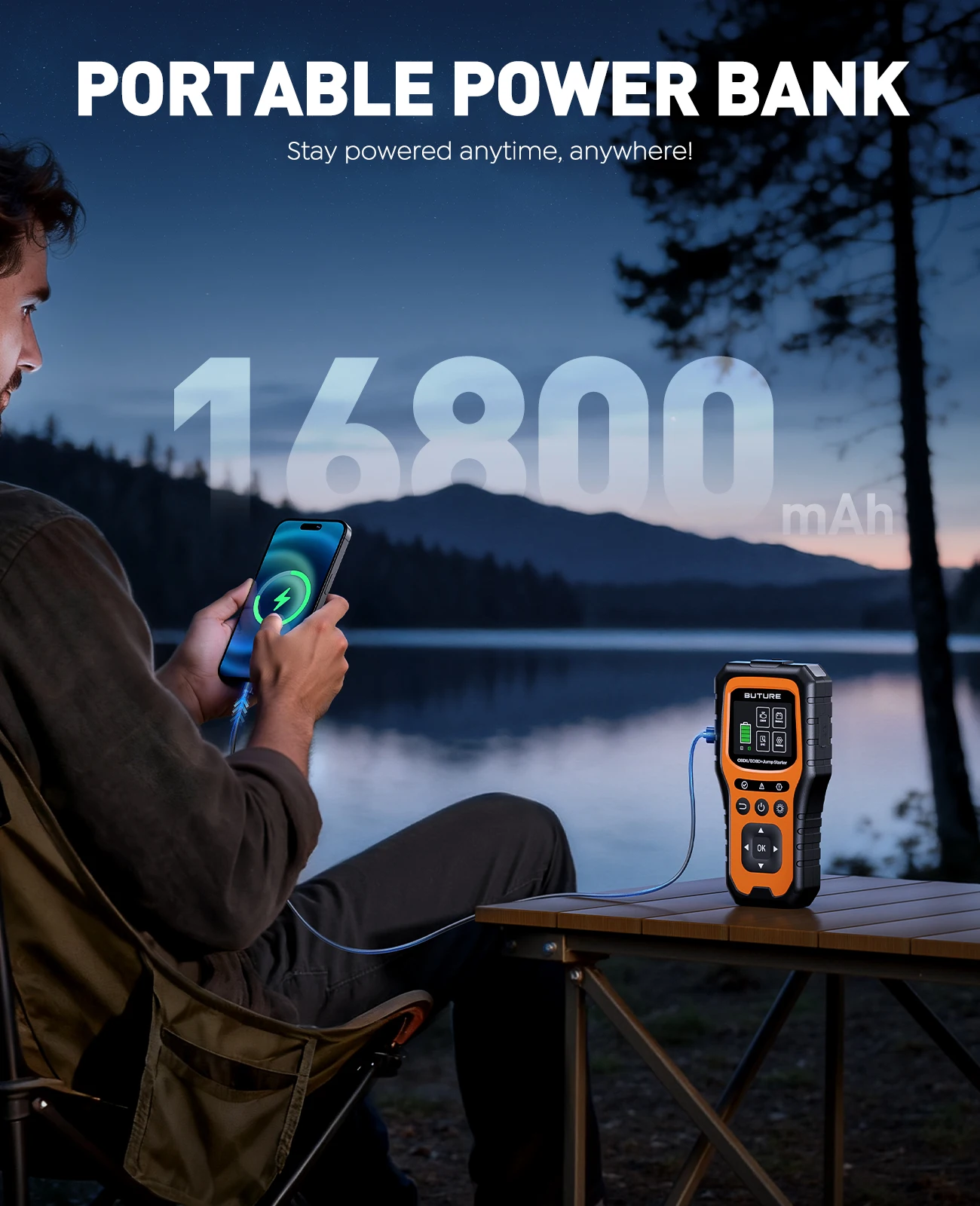 Фото Автомобильный стартер BUTURE 5000A с полной диагностикой OBD, пусковое устройство 16800 мАч, уличные фонари для кемпинга, аварийные усилители №4