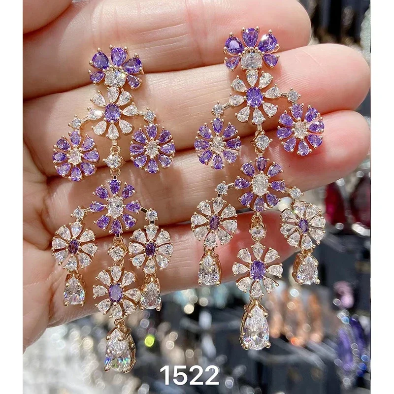 

Luxury Dangle Earrings for Women 2023 Trendy Cubic Zirconia White Purple Dark Red Flower Long Earrings Evening Party Gift Female