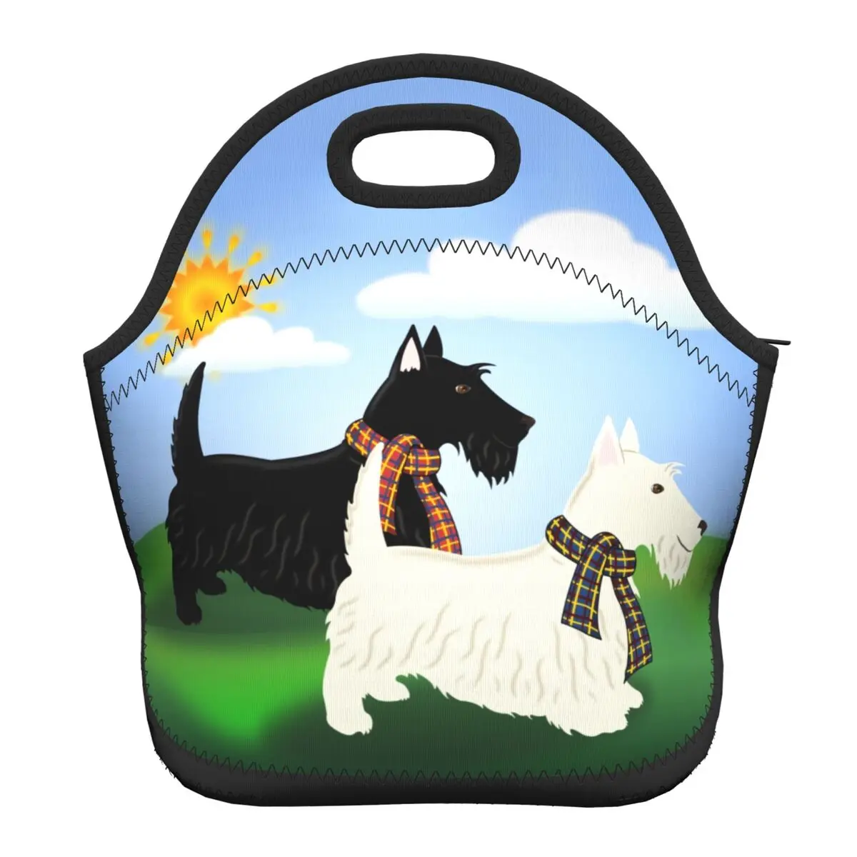 

Black White Scottie Dog Insulated Lunch Bag Scottish Terrier Resuable Thermal Cooler Neoprene Food Lunch Box for Kids School